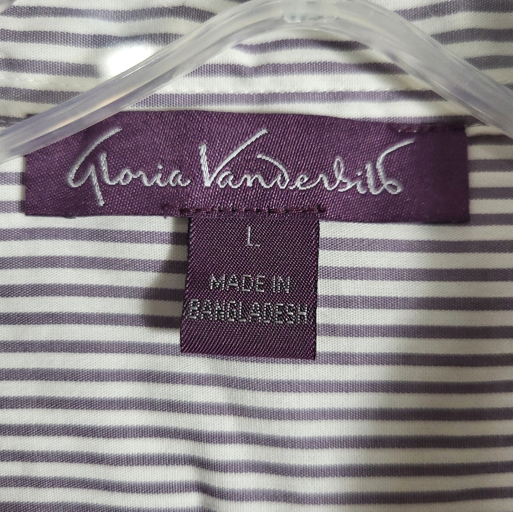 Gloria Vanderbilt gray white stripe button down shirt women's L #2237 - Picture 2 of 8